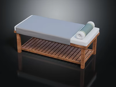 Massage Bed With Wooden Frame Gray Mattress Rolled Towel And Storage Shelf 3d model