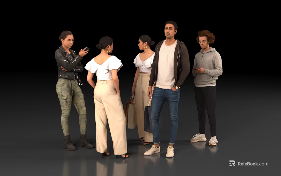 Group of Five People Talking and Standing Together in Casual Wear 3d model 