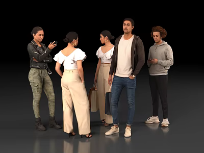 Group of Five People Talking and Standing Together in Casual Wear 3d model