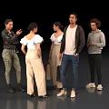 Group of Five People Talking and Standing Together in Casual Wear