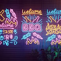 Colorful Neon Decorative Lights with Welcome Text BBQ Theme Flame Patterns and Grid Wall Background 3d model