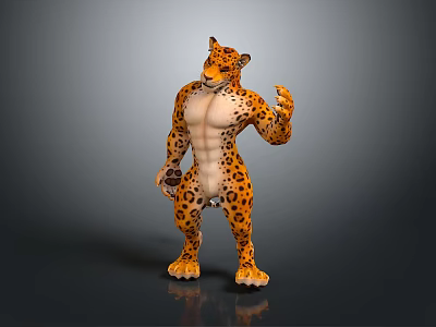 Anthropomorphic Cheetah Muscular Body Standing Pose With Detailed Print Fur And Paws In 3D Render 3d model