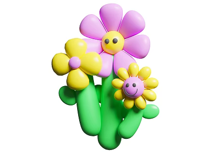 Decorative Floral Display With Pink Yellow Flowers Green Stems And Smiley Faces 3d model