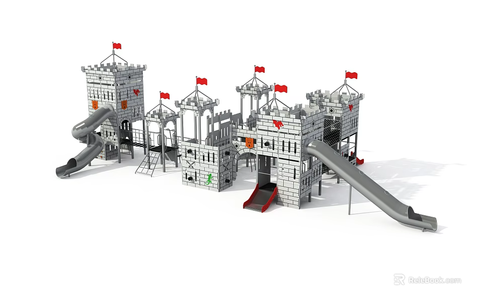 Castle Themed Playground With Multiple Slides Tall Towers And Red Flags 3d model