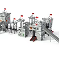 Castle Themed Playground With Multiple Slides Tall Towers And Red Flags 3d model