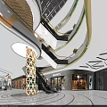 Modern Shopping Mall Store Interior With Geometric Ceiling Escalators And Glass Storefronts