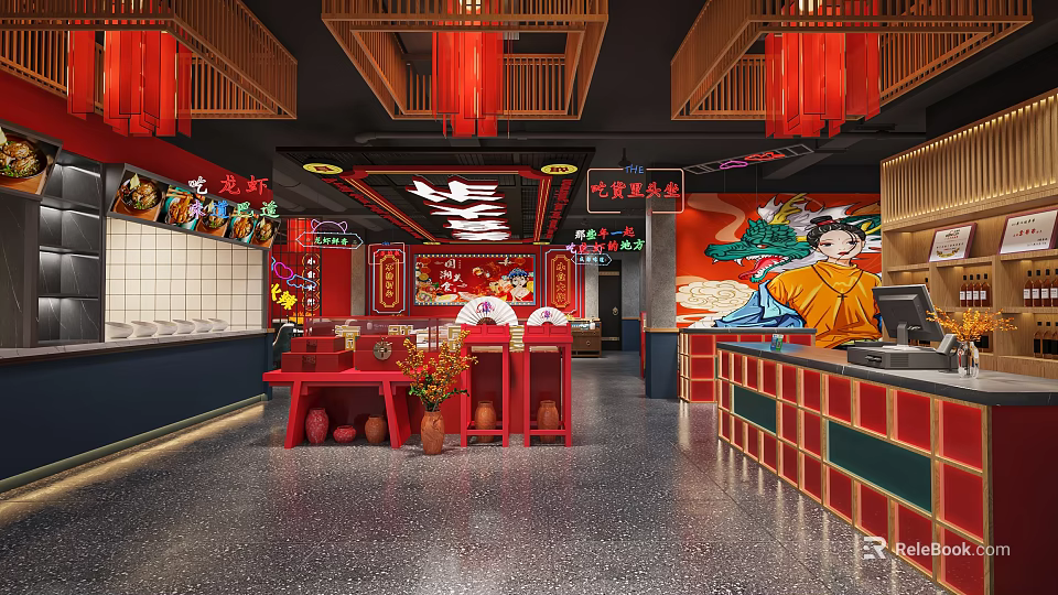 Traditional Chinese Restaurant Interior With Red Lanterns Mural Paintings Traditional Decorations And Red Tables Chairs 3d model 