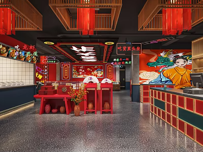 Traditional Chinese Restaurant Interior With Red Lanterns Mural Paintings Traditional Decorations And Red Tables Chairs 3d model