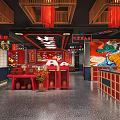 Traditional Chinese Restaurant Interior With Red Lanterns Mural Paintings Traditional Decorations And Red Tables Chairs