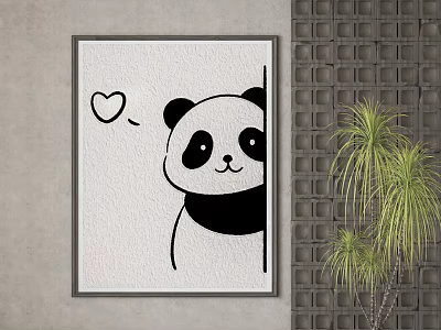 Cute Panda Painting With Heart Design On Gray Wall Near Green Plant 3d model