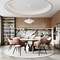 Modern Restaurant Interior With Round Dining Table Pendant Light And Wooden Wine Rack