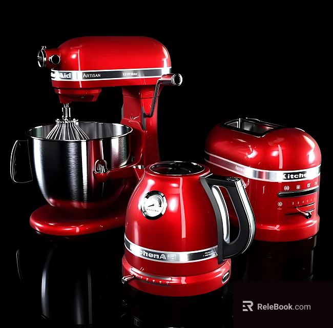 Stylish Red Kitchen Appliances Stand Mixer Toaster And Kettle With Chrome Accents 3d model 