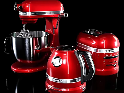 Stylish Red Kitchen Appliances Stand Mixer Toaster And Kettle With Chrome Accents 3d model