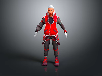 A Man With White Hair Wearing Red Vest Black Sleeves And Red Shoes 3d model