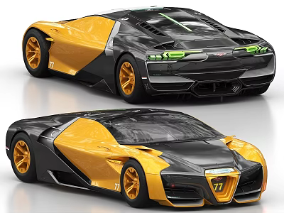 Yellow And Black Sports Car Modern Futuristic Sleek Body Design Yellow Alloy Wheels Green Headlights 3d model