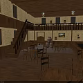 Rustic Wooden Dining Interior With Staircase Upper Gallery Tables Bar And Chandeliers
