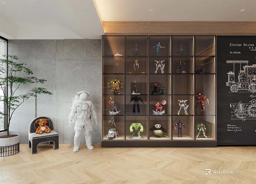 Modern Interior With Transparent Glass Door Display Cabinet Showcasing Toys And Models And Astronaut Sculpture 3d model 