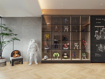 Modern Interior With Transparent Glass Door Display Cabinet Showcasing Toys And Models And Astronaut Sculpture 3d model