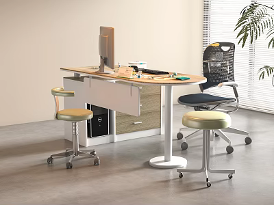 Professional Medical Devices Workbench with Computer Monitor Equipment Wheeled Stools Office Chair and Background Plant 3d model