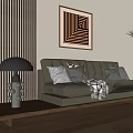 Plush Beige Double Sofa with Cushions Throw Blanket Metal Table Lamp and Geometric Artwork Near Wooden Striped Wall