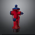 Red And Blue Fire Hydrant With Metal Chains On Gray Background