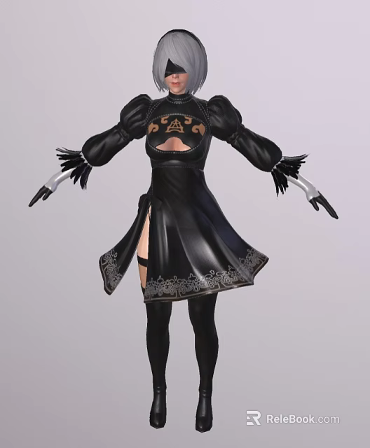 Fantasy Female Character In Black Lace Trimmed Outfit With Feathered Gloves And Split Skirt 3d model 