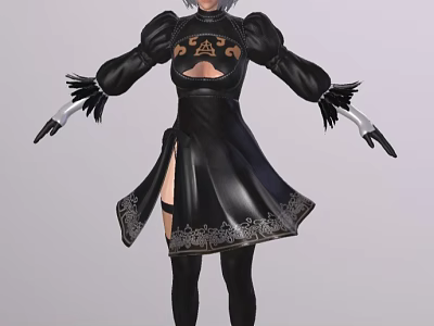 Fantasy Female Character In Black Lace Trimmed Outfit With Feathered Gloves And Split Skirt 3d model