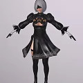 Fantasy Female Character In Black Lace Trimmed Outfit With Feathered Gloves And Split Skirt