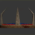 Decorative Circular Stone Platform With Blue Liquid Spiked Pillars And Red Accents