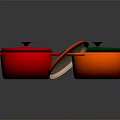 Colorful Kitchen Cooking Pots With Red Green Orange Bodies And Open Lid