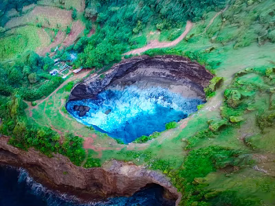 Natural Scenic Giant Blue Lagoon Surrounded by Lush Green Vegetation and Cliffside Grassland Path 3d model