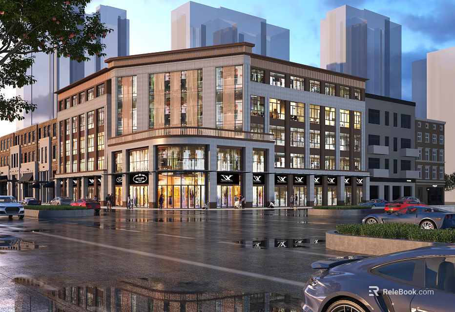 Modern Commercial Street With Multi story Buildings Shop Fronts Evening Lights And Wet Pavement Reflections 3d model 
