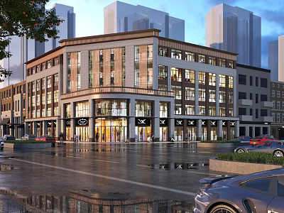 Modern Commercial Street With Multi story Buildings Shop Fronts Evening Lights And Wet Pavement Reflections 3d model