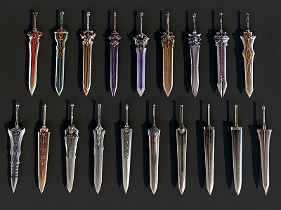 Various Ornate Metal Swords As Display Weapons With Multiple Designs And Decorative Details 3d model
