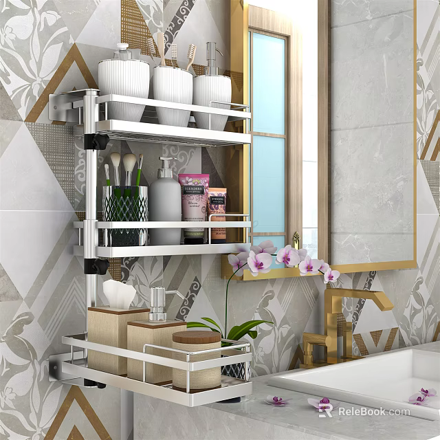 Modern Bathroom Accessories on Wall Shelf with Toiletries Mirror and Tile Decor 3d model 