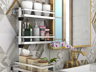 Modern Bathroom Accessories on Wall Shelf with Toiletries Mirror and Tile Decor 3d model