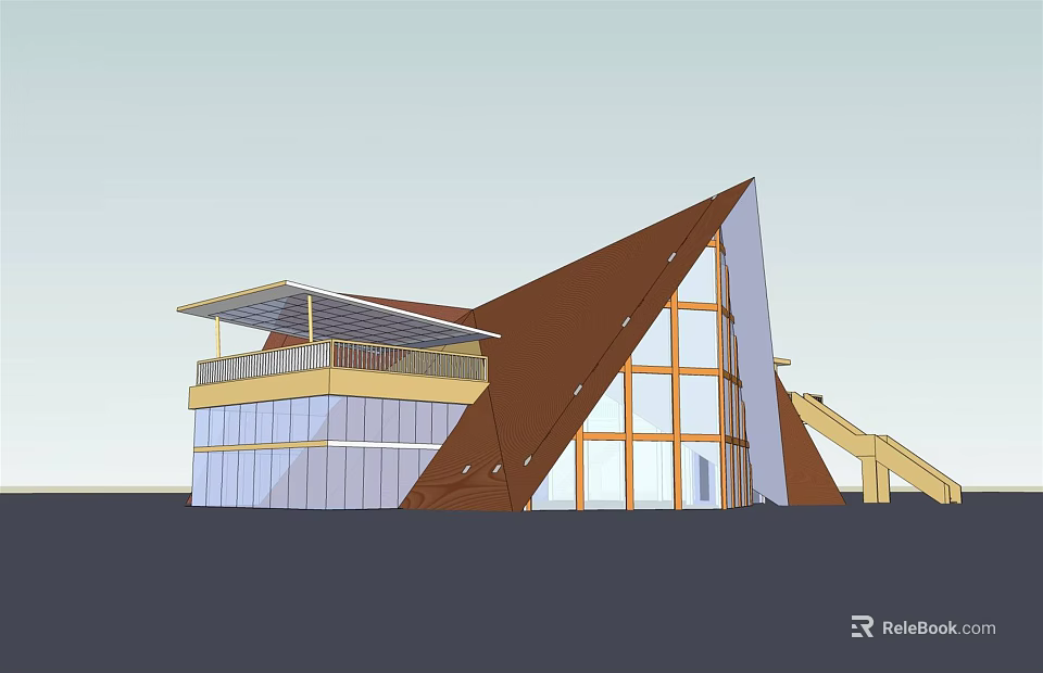 Modern Architectural Design Featuring Triangular Roof Glass Facade And Balcony Elements 3d model 