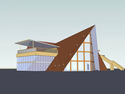 Modern Architectural Design Featuring Triangular Roof Glass Facade And Balcony Elements 3d model