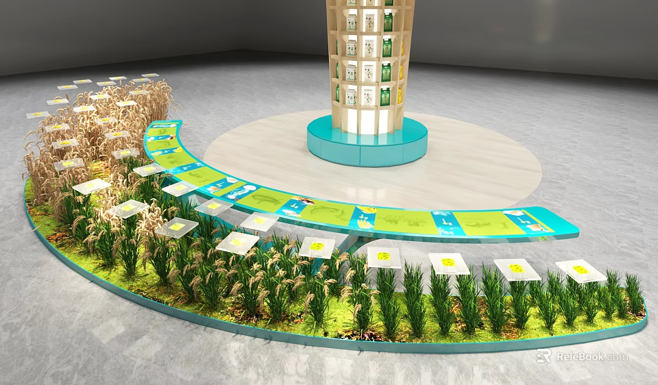 Exhibition Model Display With Curved Platform Green Plants And Tower Structure 3d model 