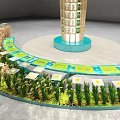 Exhibition Model Display With Curved Platform Green Plants And Tower Structure 3d model
