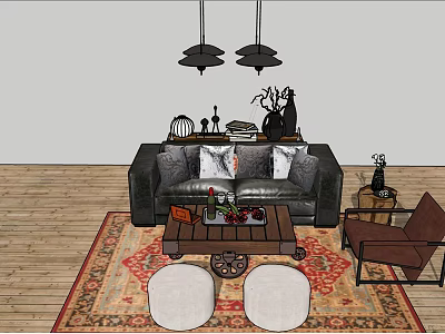 Sofa And Coffee Table Combination With Patterned Rug Pillows Pendant Lights And Wooden Floor 3d model