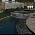 Garden Decorative Pond With Small Waterfall Stone Steps And Surrounding Green Plants