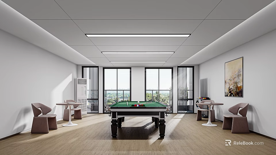 Modern Spacious Billiard Room With Natural Light And Furniture 3d model 