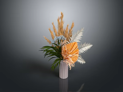 Carved White Striped Vase With Dried Plants Brown Reeds Blue Flowers And Orange Decor 3d model