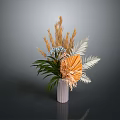 Carved White Striped Vase With Dried Plants Brown Reeds Blue Flowers And Orange Decor