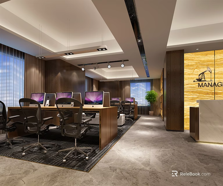 Modern Public Office Space with Workstations Computers Wooden Walls and Manager Reception Area 3d model 