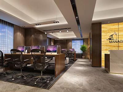 Modern Public Office Space with Workstations Computers Wooden Walls and Manager Reception Area 3d model