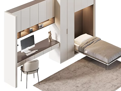 Modern Multifunctional Room Design With Wall Cabinet Bed Desk And Chair 3d model