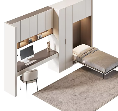 Modern Multifunctional Room Design With Wall Cabinet Bed Desk And Chair 3d model