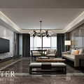Modern Integrated Living And Dining Interior Design With Marble Finishes And Custom Display Cabinets